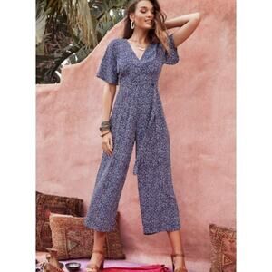 Mister Zimi Nina V-Neck Blue Print Cropped Wide Leg Jumpsuit Size 8 Preowned